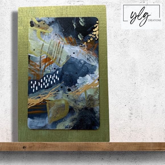 Original Painting Abstract Blue Green Gold Metallic Acrylic Mini Easel Artwork - Picture 1 of 8